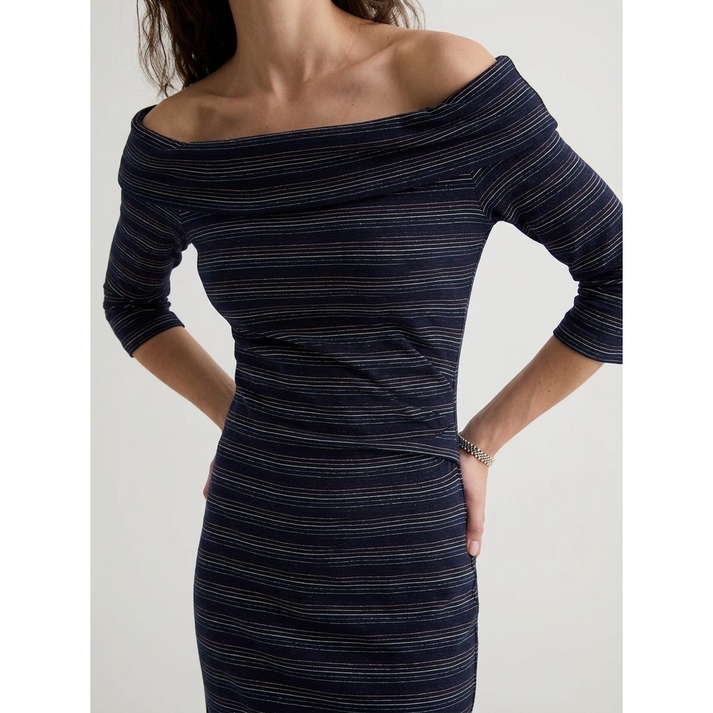 Trina Turk Navy Lurex Metallic Stripe Off Shoulder Sheath Dress Large